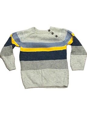 H&M Baby Boy 12-18M Cotton Striped Knit Sweater Gray Navy Yellow Button Shoulder